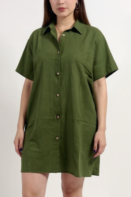 Linen Oversized Beach Dress - Olive