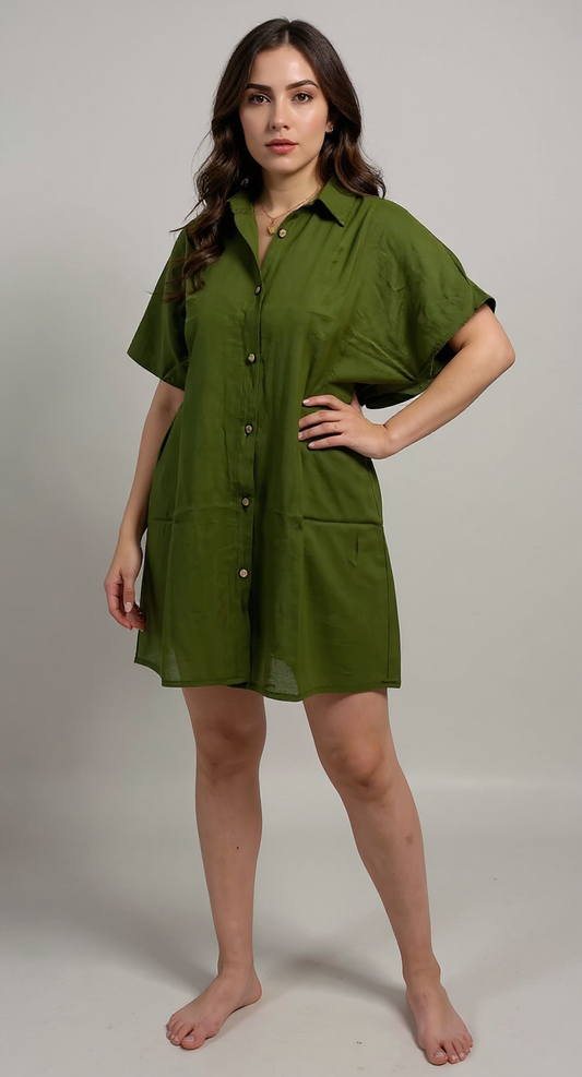 Linen Oversized Beach Dress - Olive