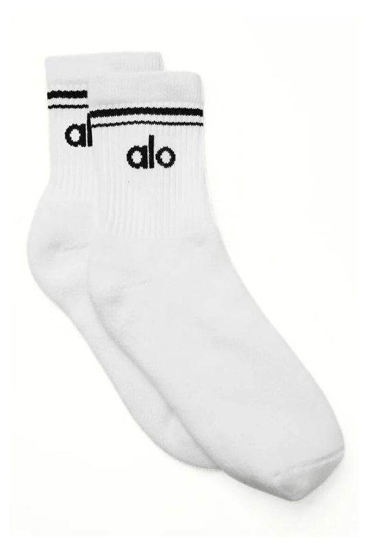 White socks with black logo on a white background