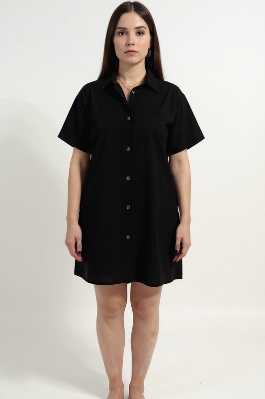 Linen Oversized Beach Dress - Black