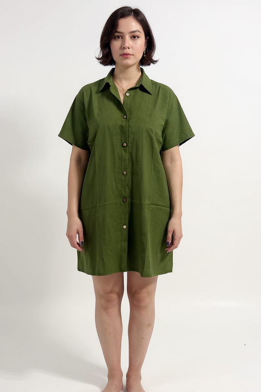 Linen Oversized Beach Dress - Olive