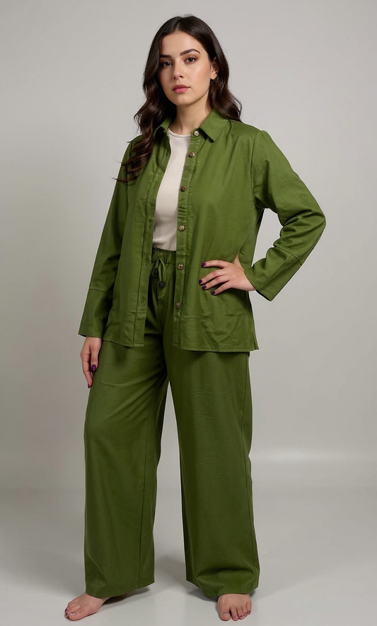 Linen Set (Pants & Shirt) - Olive
